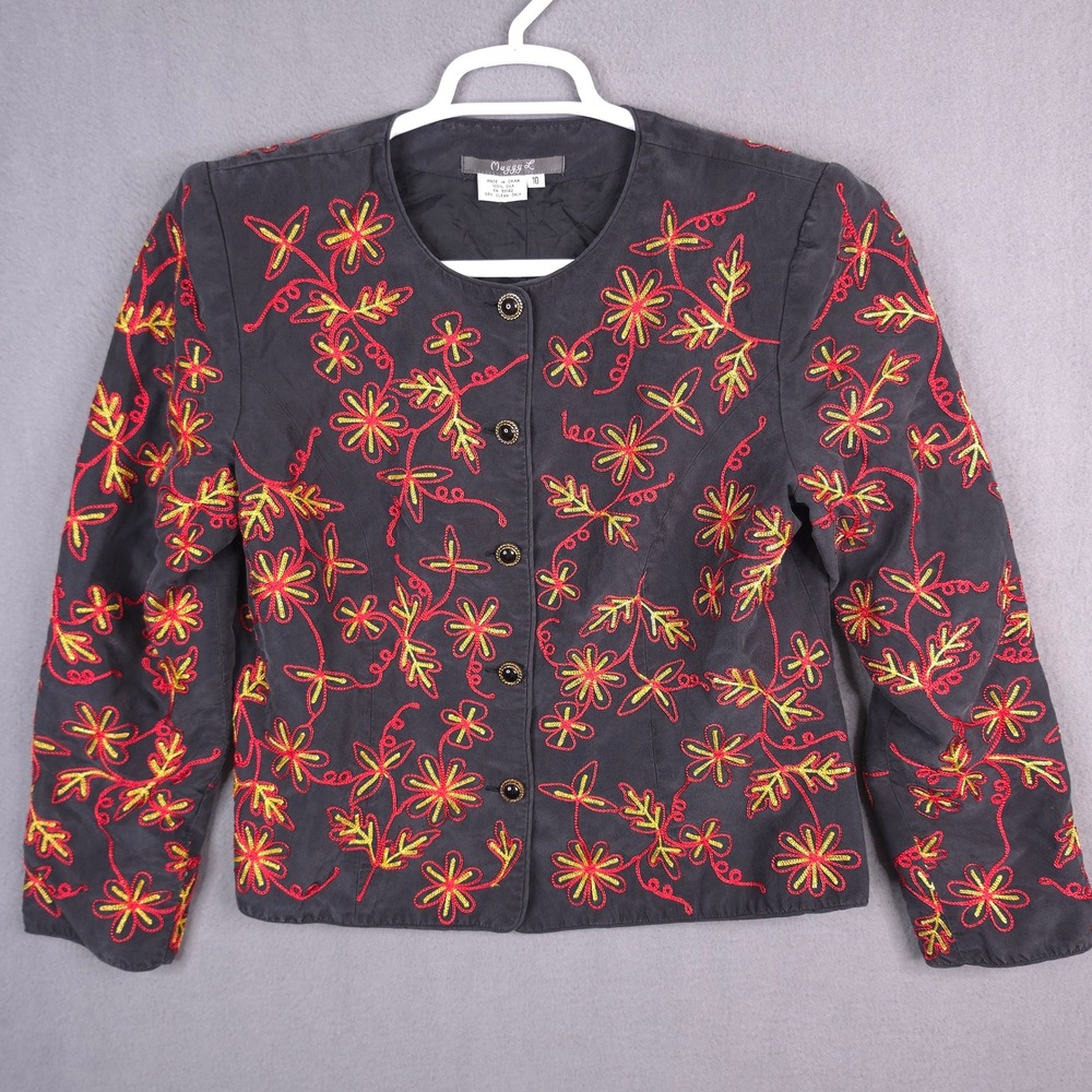 Vintage Maggy L Black 100% Silk Embroidered Floral Button Front Blazer Jacket 10